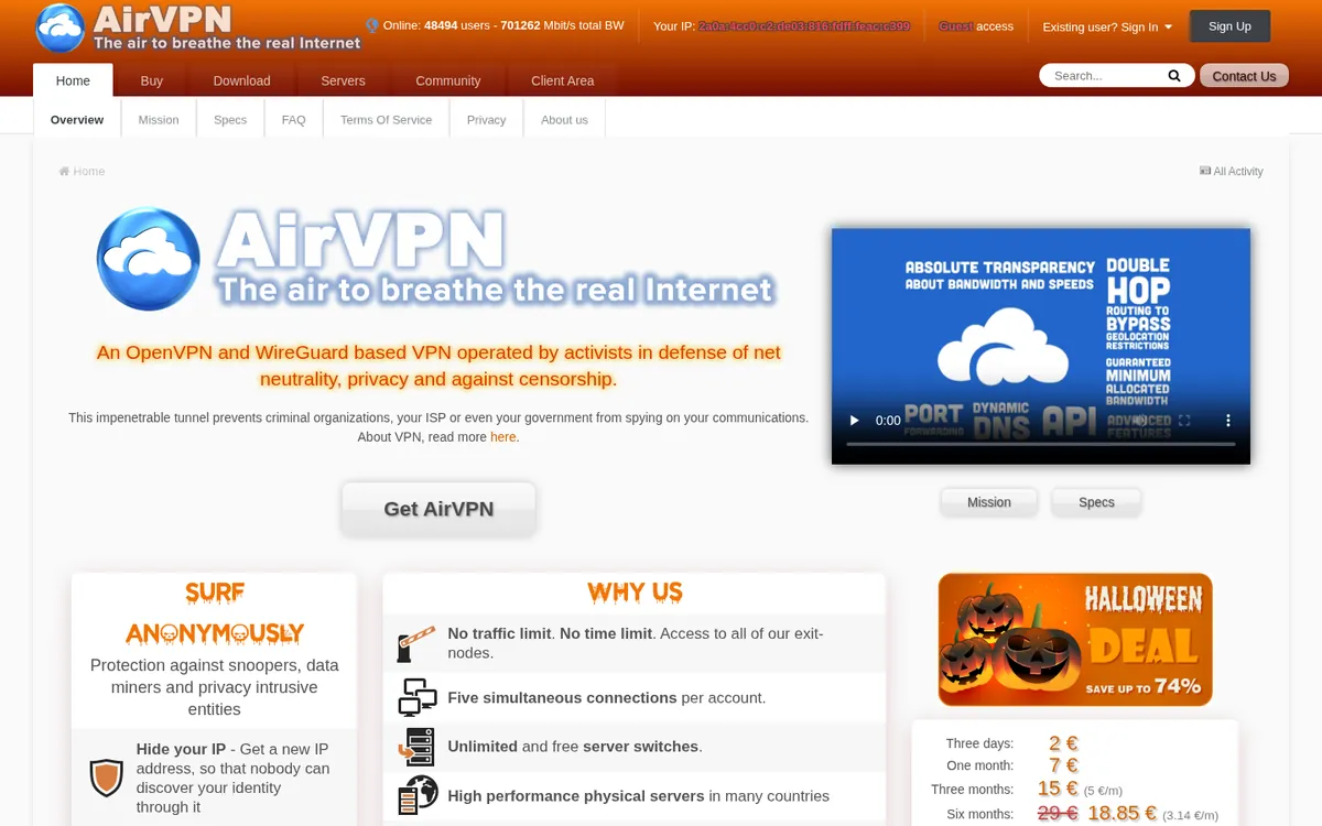 Page d'accueil d'AirVPN sur ordinateur – testé : meilleur VPN pour la Belgique