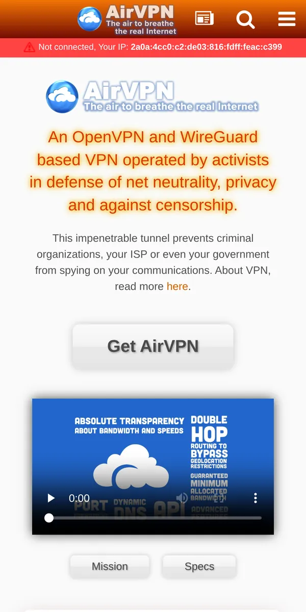 Page d'accueil d'AirVPN sur mobile – testé : meilleur VPN pour la Belgique