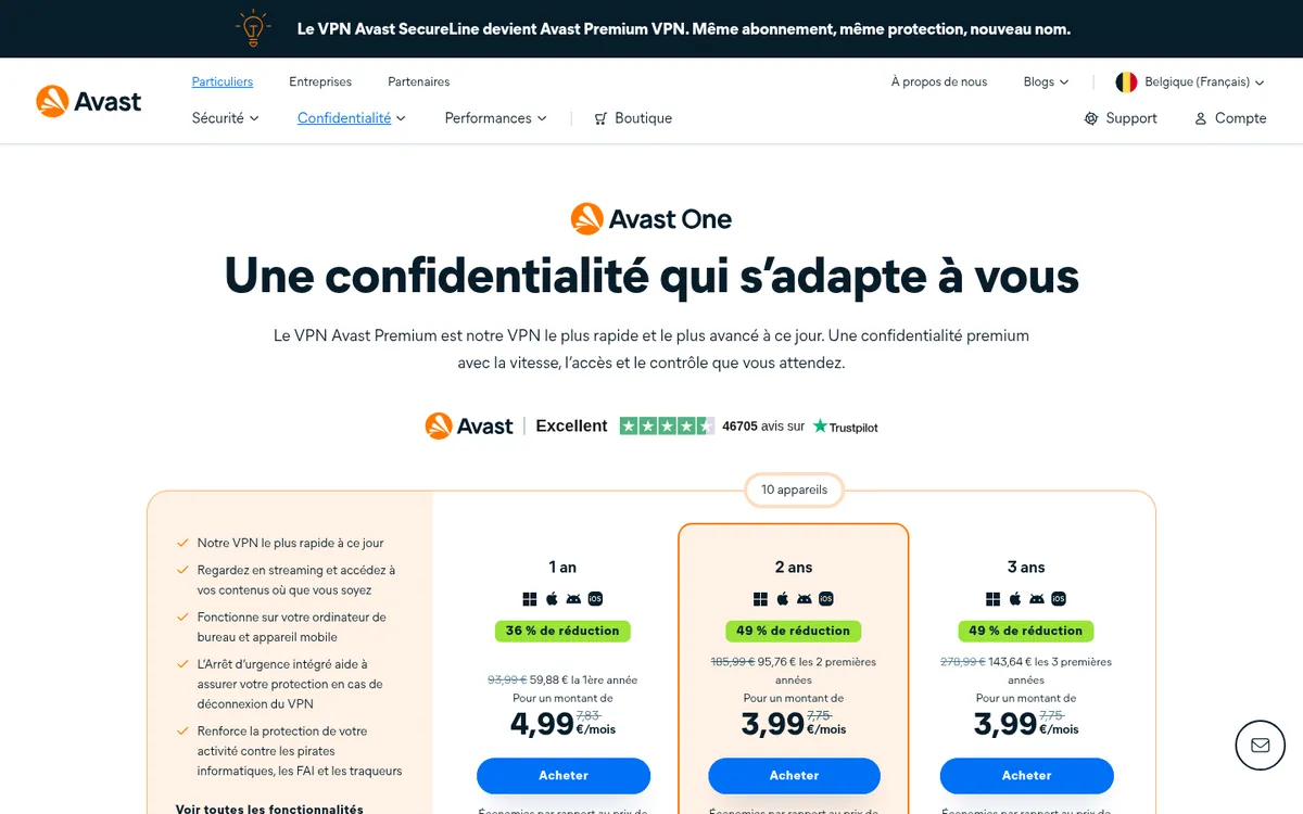 Page d'accueil d'Avast Premium VPN sur ordinateur – testé : meilleur VPN pour la Belgique