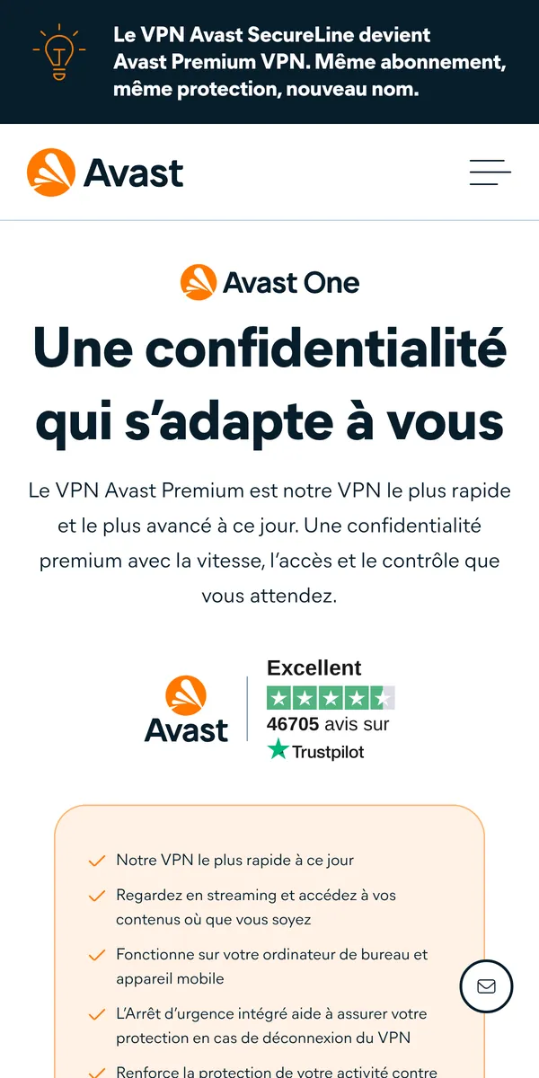 Page d'accueil d'Avast Premium VPN sur mobile – testé : meilleur VPN pour la Belgique