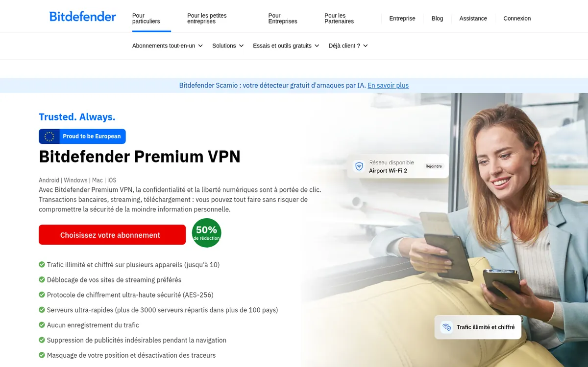 Page d'accueil de Bitdefender VPN sur ordinateur – testé : meilleur VPN pour la Belgique