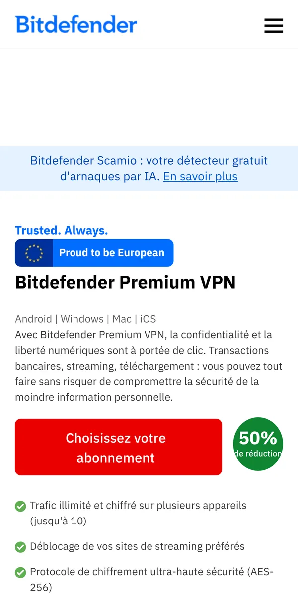 Page d'accueil de Bitdefender VPN sur mobile – testé : meilleur VPN pour la Belgique