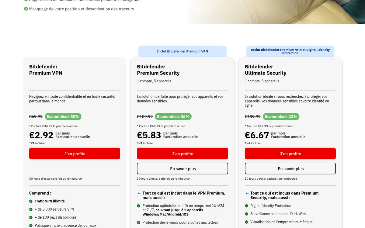 Page des tarifs de Bitdefender VPN – testé : meilleur VPN pour la Belgique