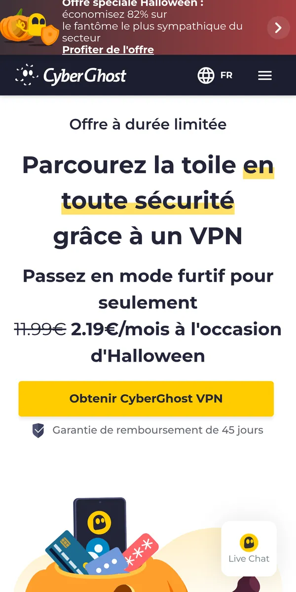 Page d'accueil de CyberGhost sur mobile – testé : meilleur VPN pour la Belgique