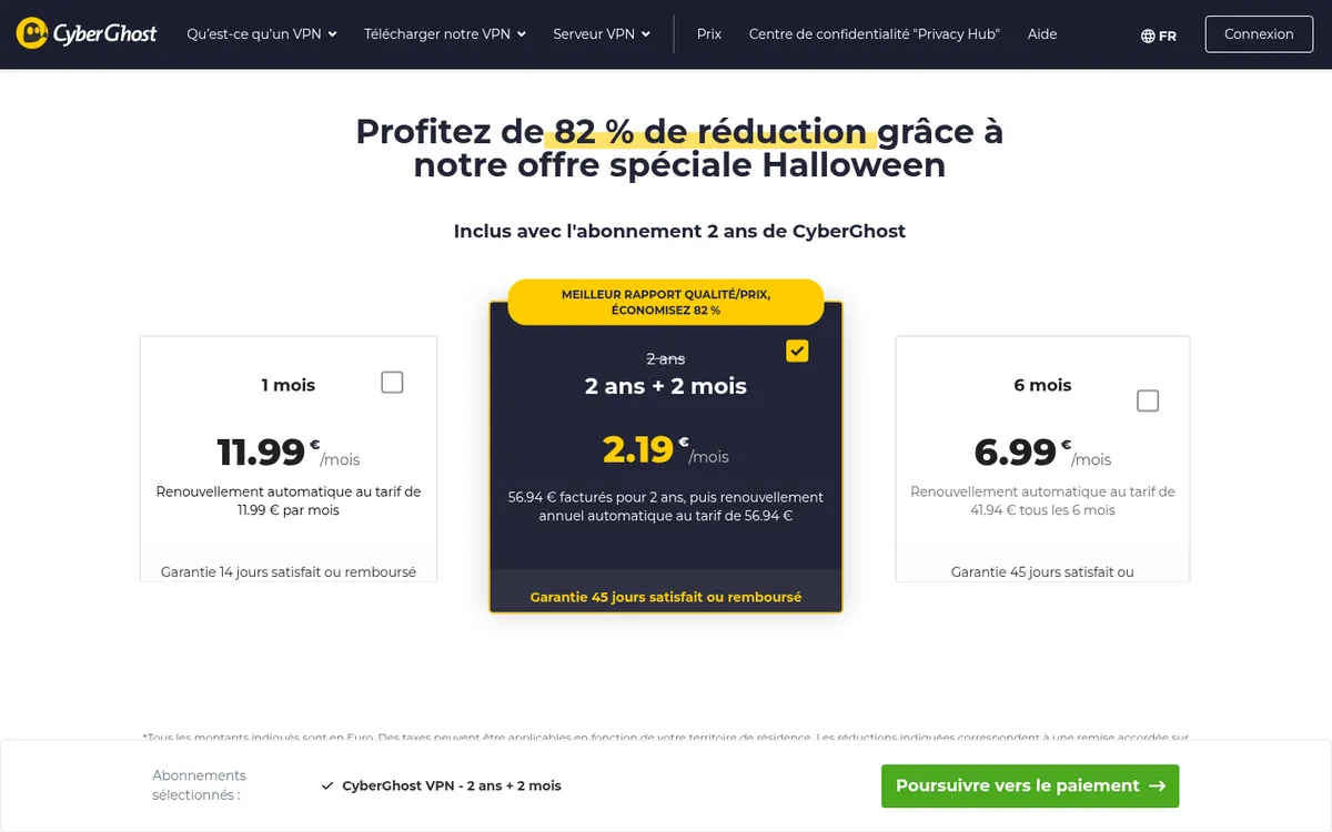 Page des tarifs de CyberGhost – testé : meilleur VPN pour la Belgique