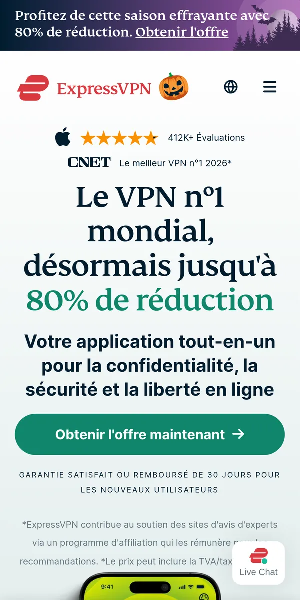 Page d'accueil d'ExpressVPN sur mobile – testé : meilleur VPN pour la Belgique