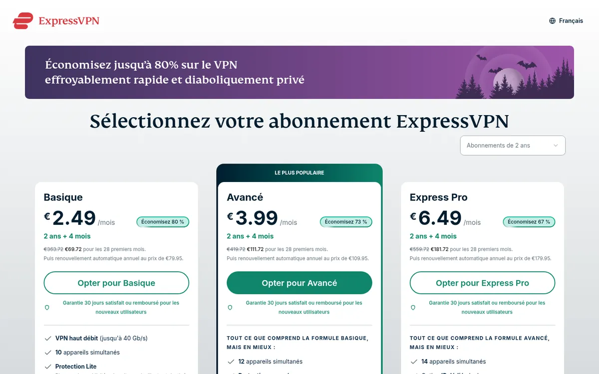 Page des tarifs d'ExpressVPN – testé : meilleur VPN pour la Belgique