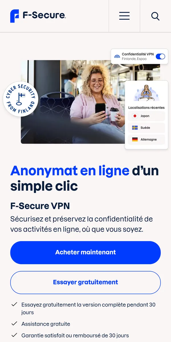 Page d'accueil de F-Secure VPN sur mobile – testé : meilleur VPN pour la Belgique