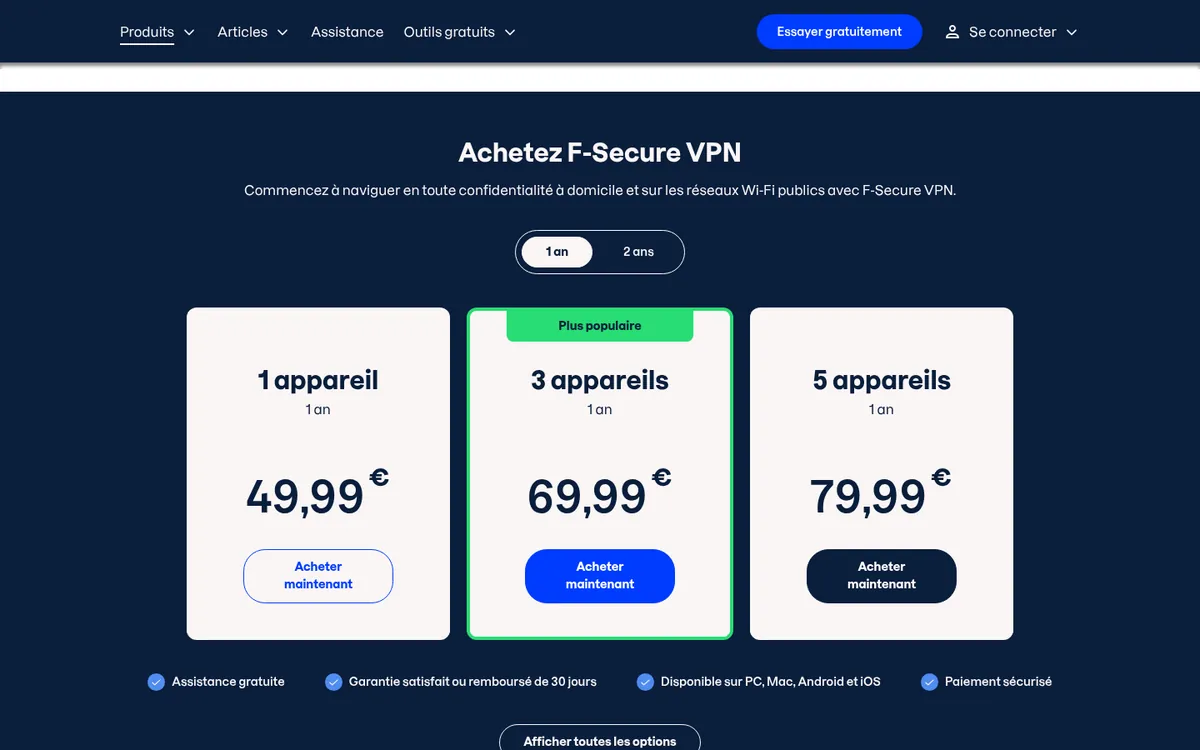 Page des tarifs de F-Secure VPN – testé : meilleur VPN pour la Belgique