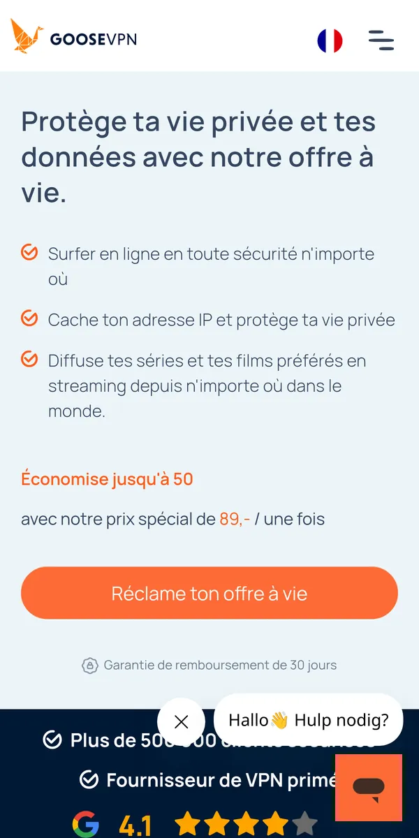 Page d'accueil de Goose VPN sur mobile – testé : meilleur VPN pour la Belgique