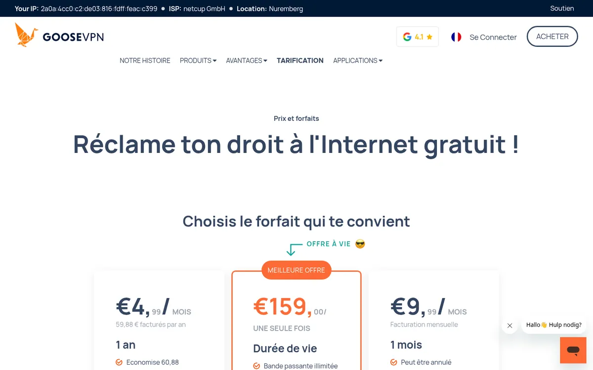 Page des tarifs de Goose VPN – testé : meilleur VPN pour la Belgique