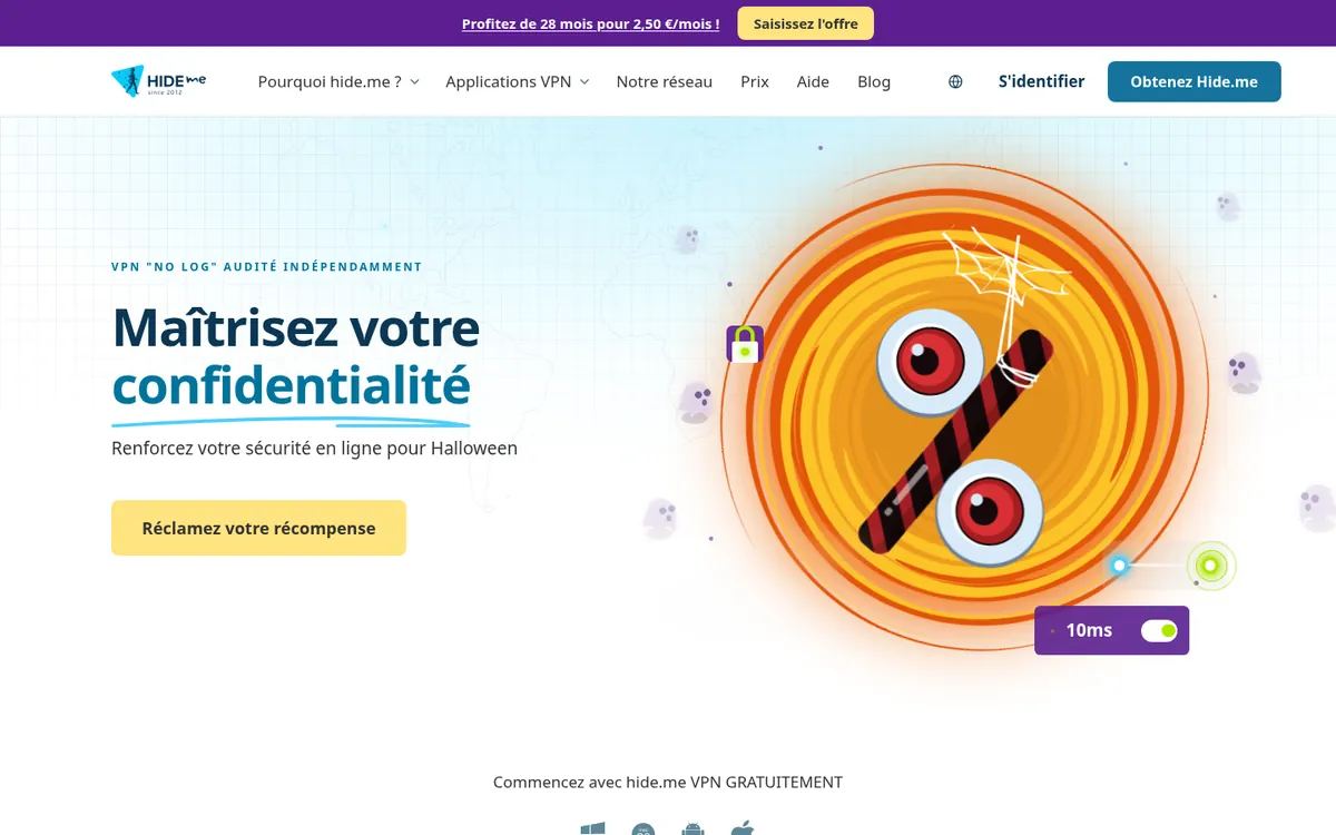 Page d’accueil de Hide.me sur ordinateur, l’un des VPN comparés dans notre classement