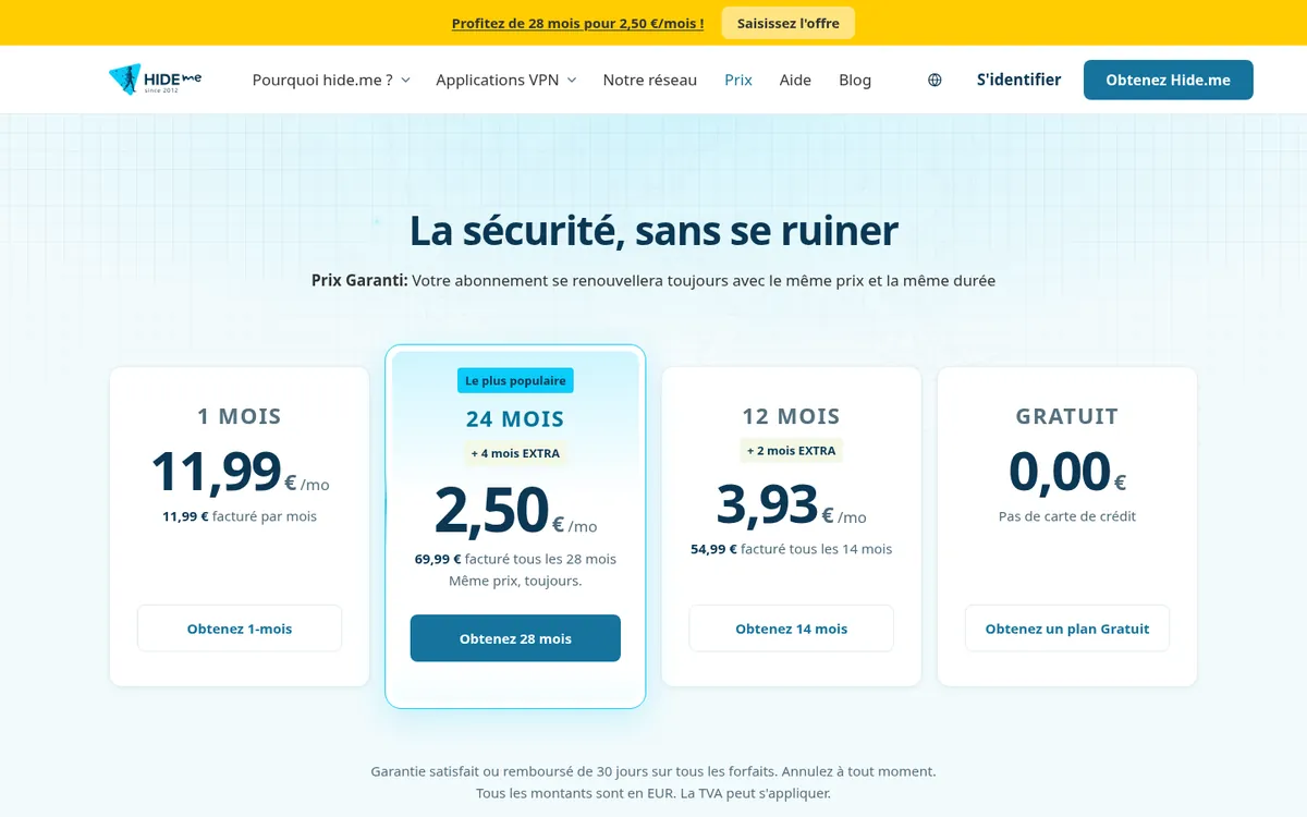 Page des tarifs de hide.me – testé : meilleur VPN pour la Belgique