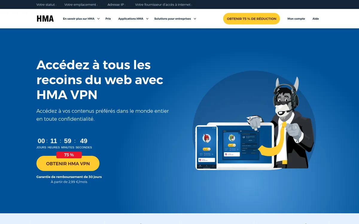 Page d'accueil de HMA sur ordinateur – testé : meilleur VPN pour la Belgique