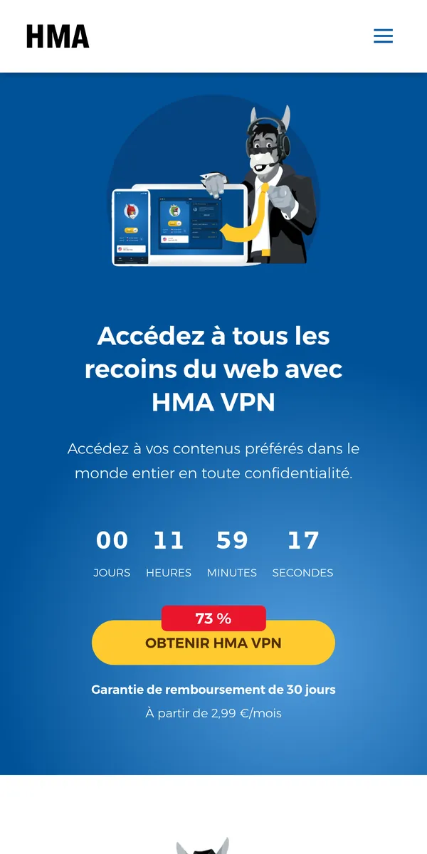 Page d'accueil de HMA sur mobile – testé : meilleur VPN pour la Belgique