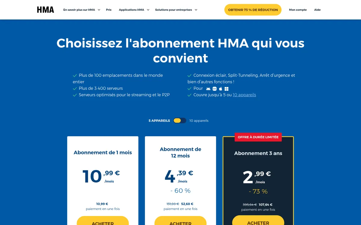 Page des tarifs de HMA – testé : meilleur VPN pour la Belgique