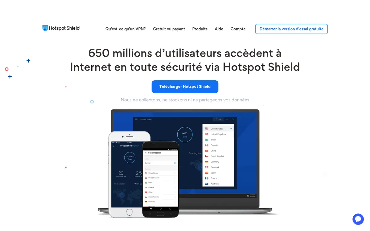 Page d'accueil de Hotspot Shield sur ordinateur – testé : meilleur VPN pour la Belgique