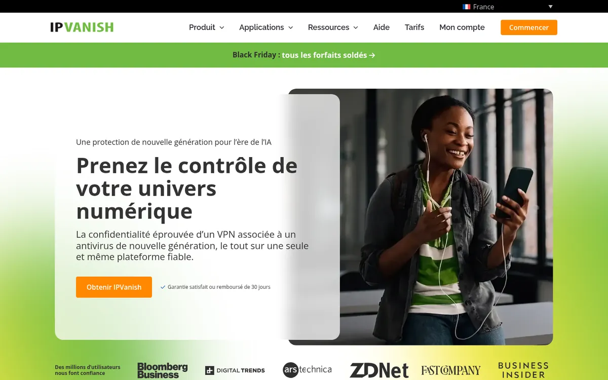 Page d’accueil d’IPVanish sur ordinateur, l’un des VPN comparés dans notre classement