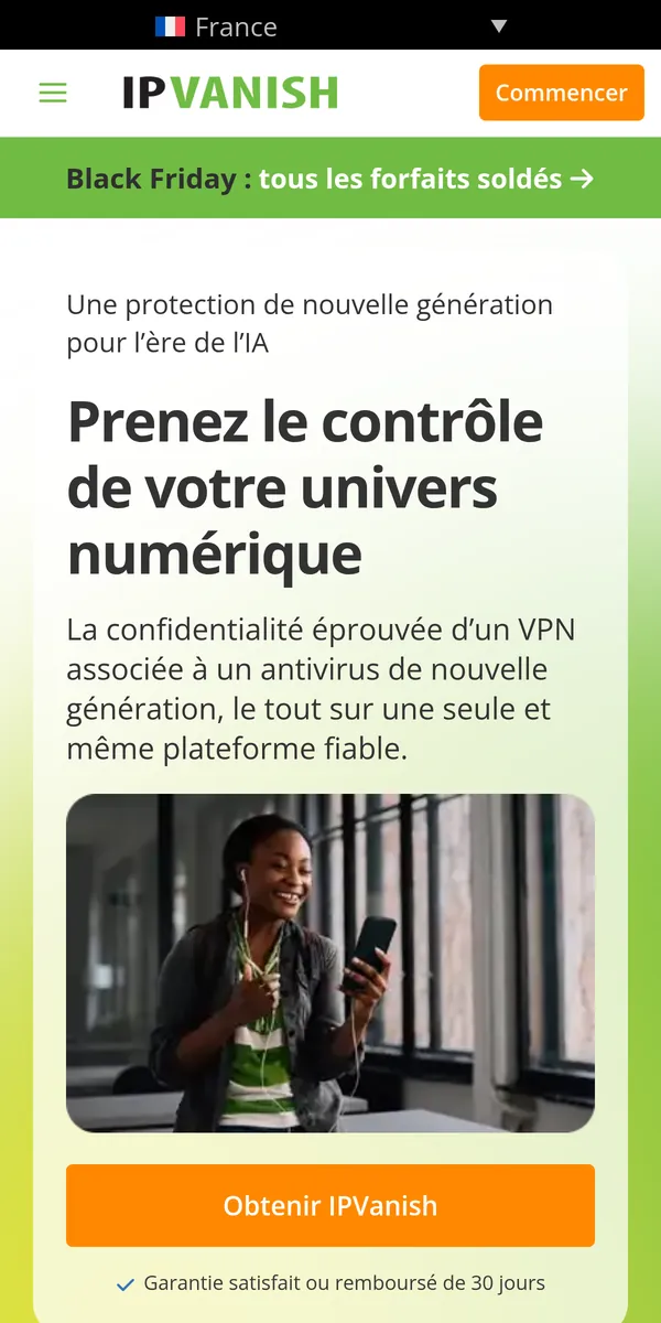Page d'accueil d'IPVanish sur mobile – testé : meilleur VPN pour la Belgique