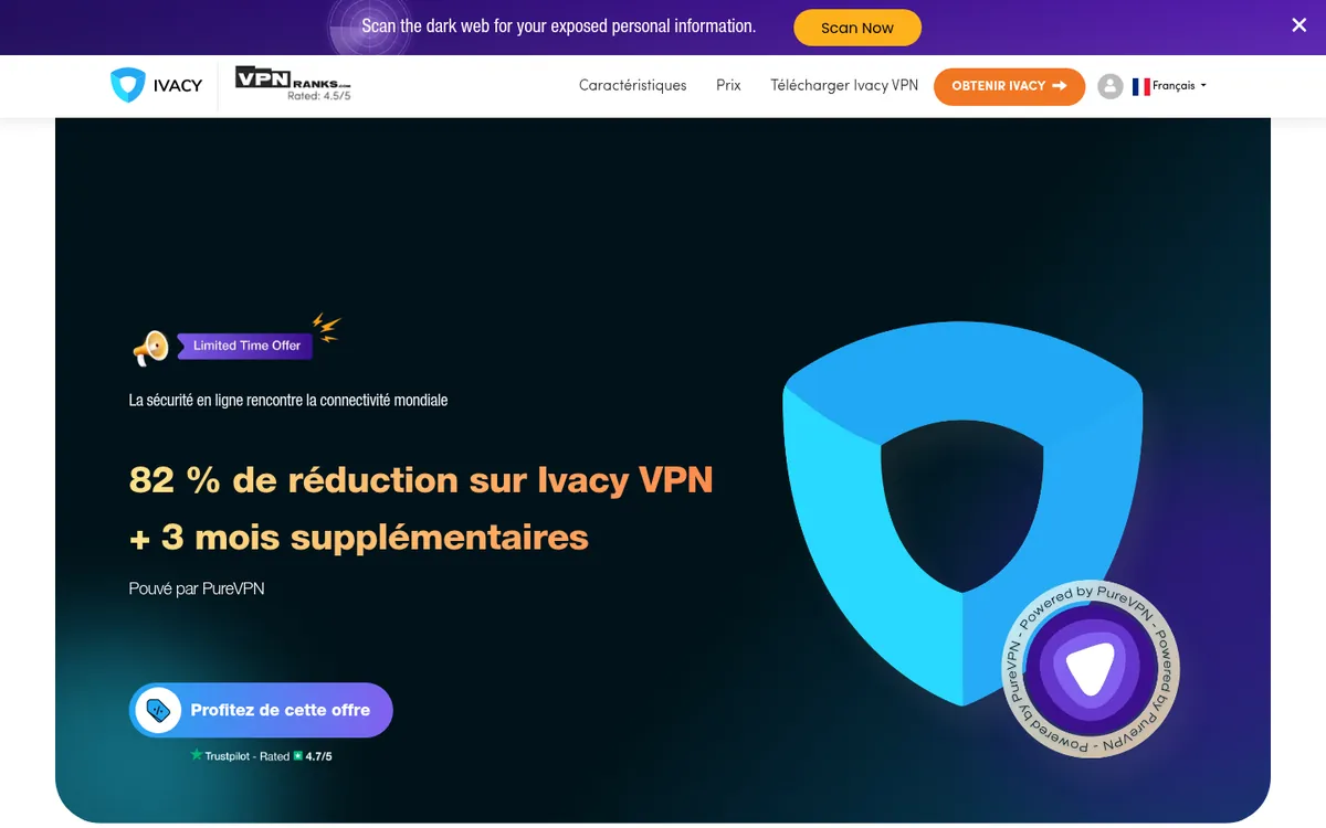Page d'accueil d'Ivacy sur ordinateur – testé : meilleur VPN pour la Belgique