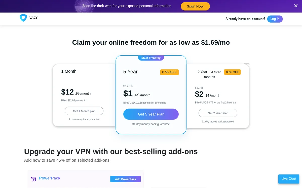Page des tarifs d'Ivacy – testé : meilleur VPN pour la Belgique