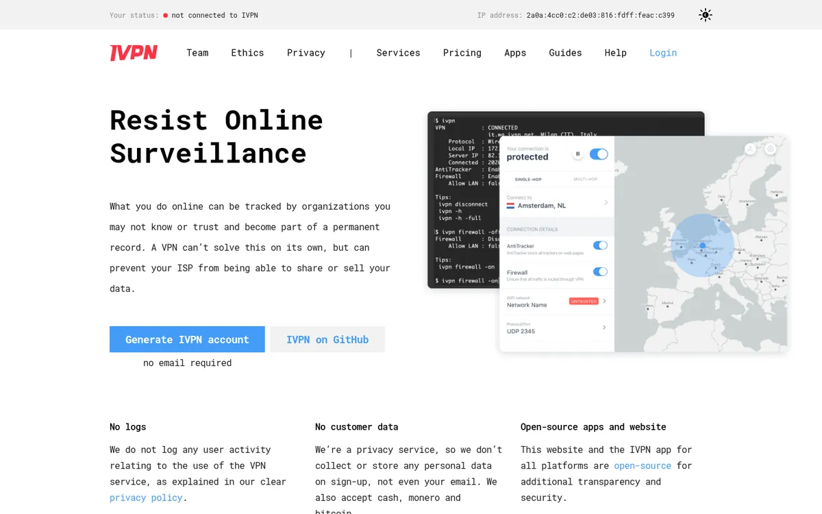 Page d'accueil d'IVPN sur ordinateur – testé : meilleur VPN pour la Belgique