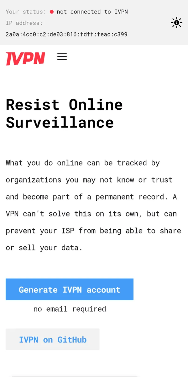 Page d'accueil d'IVPN sur mobile – testé : meilleur VPN pour la Belgique