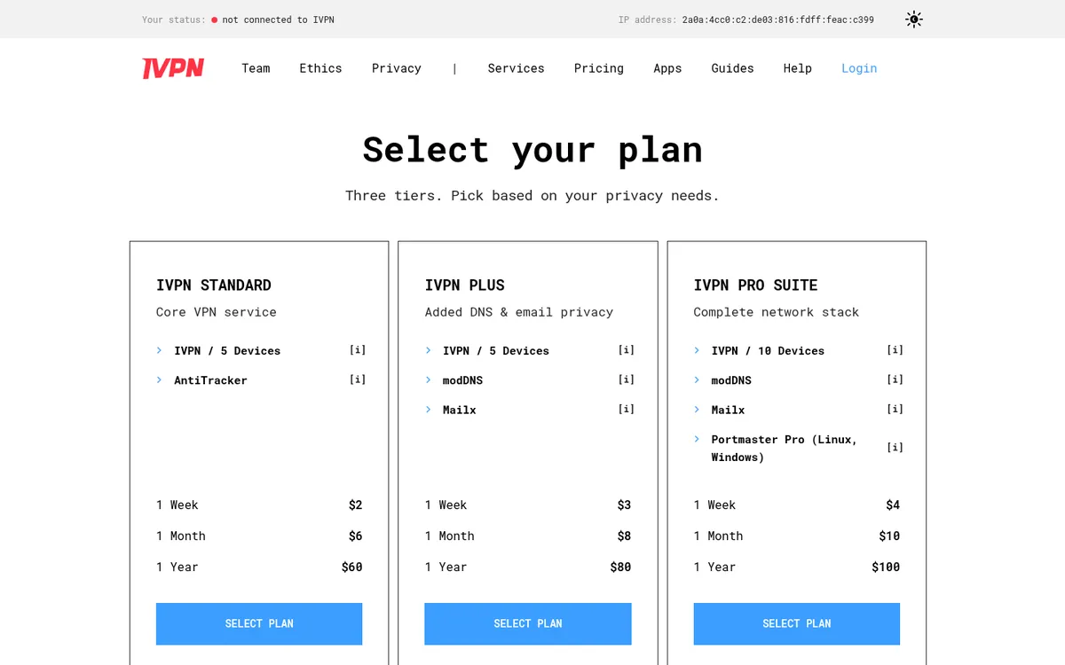Page des tarifs d'IVPN – testé : meilleur VPN pour la Belgique