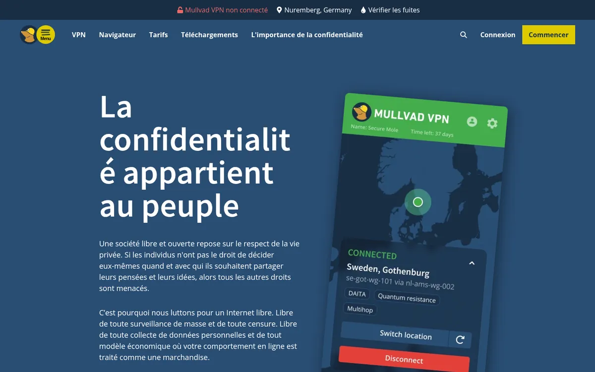 Page d'accueil de Mullvad sur ordinateur – testé : meilleur VPN pour la Belgique