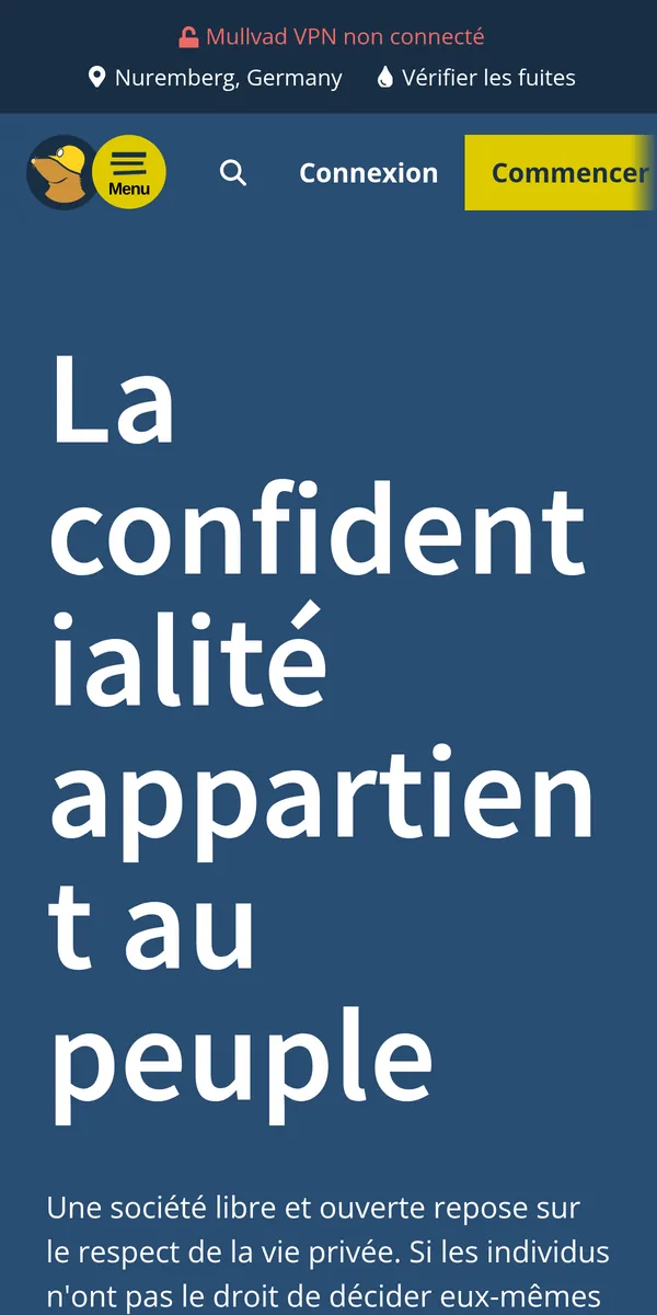 Page d'accueil de Mullvad sur mobile – testé : meilleur VPN pour la Belgique