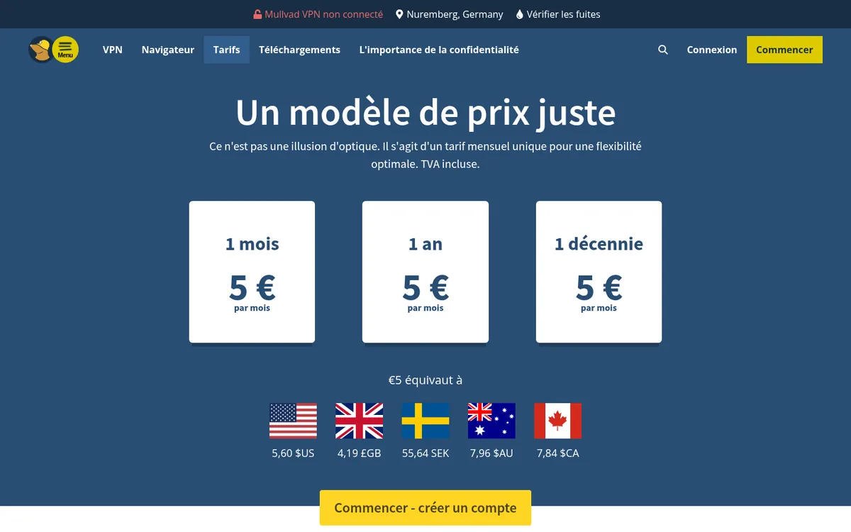 Page des tarifs de Mullvad – testé : meilleur VPN pour la Belgique