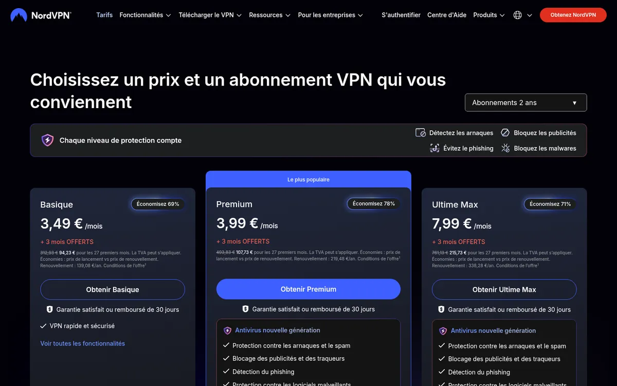 Page des tarifs de NordVPN – testé : meilleur VPN pour la Belgique