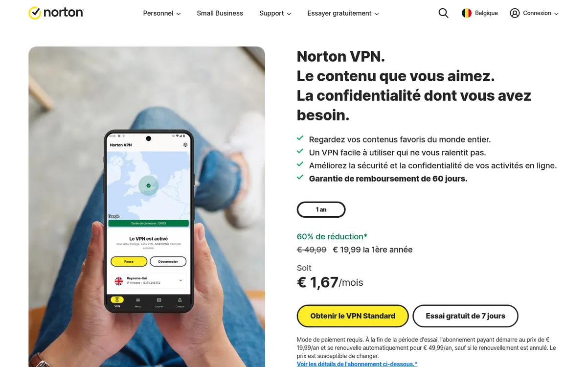 Page d'accueil de Norton VPN sur ordinateur – testé : meilleur VPN pour la Belgique