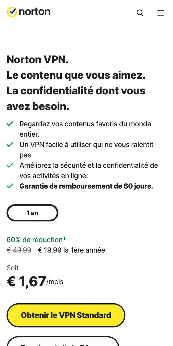 Page d'accueil de Norton VPN sur mobile – testé : meilleur VPN pour la Belgique