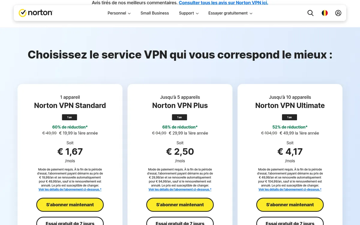 Page des tarifs de Norton VPN – testé : meilleur VPN pour la Belgique