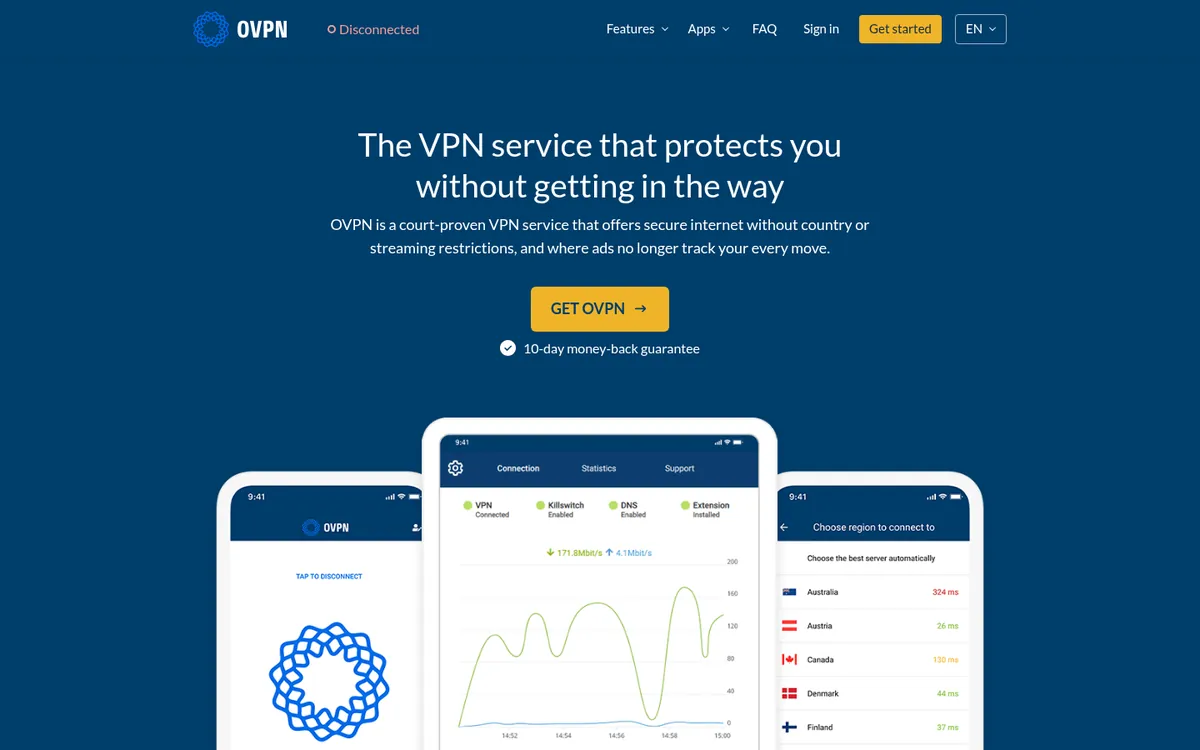 Page d'accueil d'OVPN sur ordinateur – testé : meilleur VPN pour la Belgique