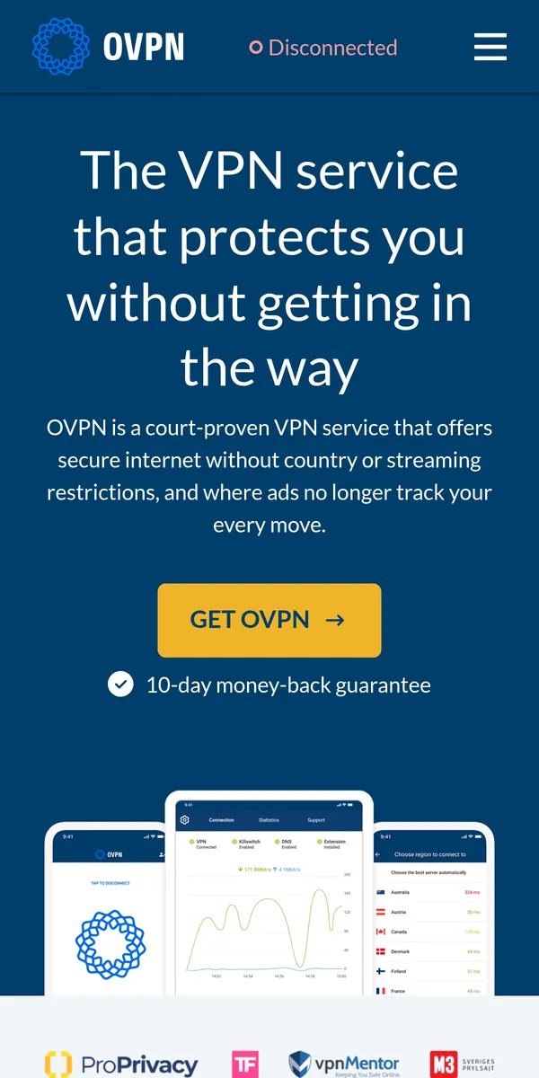 Page d'accueil d'OVPN sur mobile – testé : meilleur VPN pour la Belgique