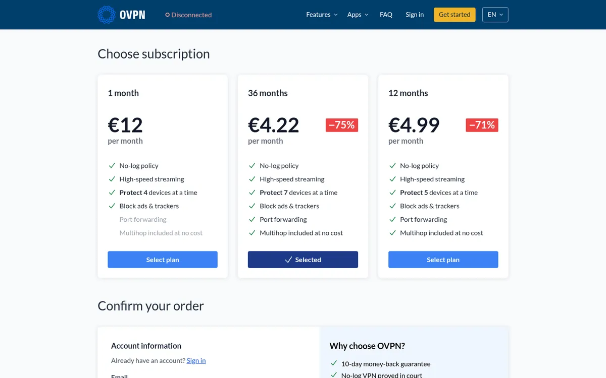 Page des tarifs d'OVPN – testé : meilleur VPN pour la Belgique