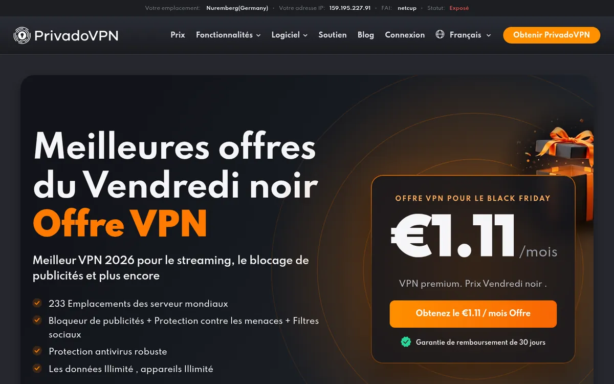 Page d'accueil de PrivadoVPN sur ordinateur – testé : meilleur VPN pour la Belgique