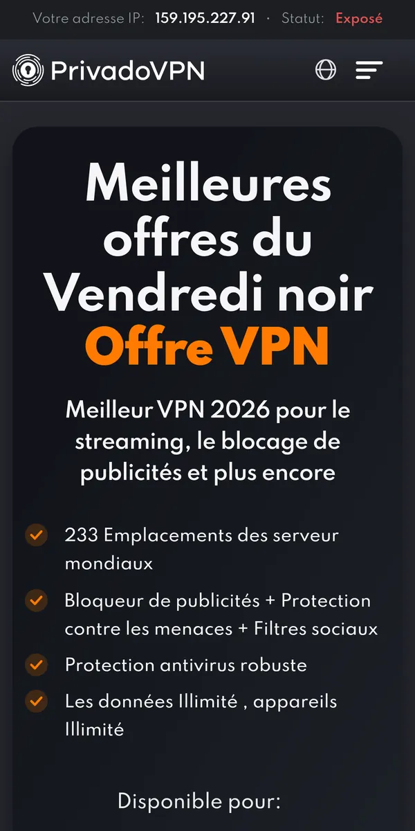 Page d'accueil de PrivadoVPN sur mobile – testé : meilleur VPN pour la Belgique