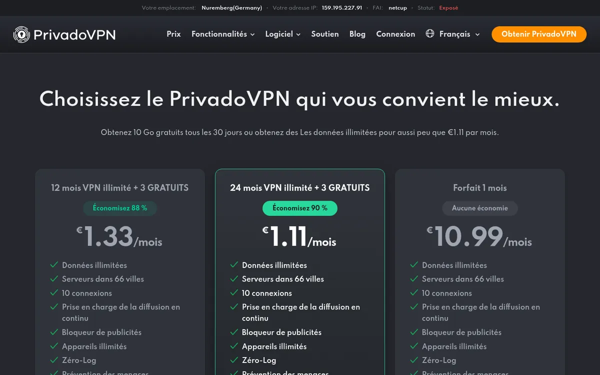 Page des tarifs de PrivadoVPN – testé : meilleur VPN pour la Belgique