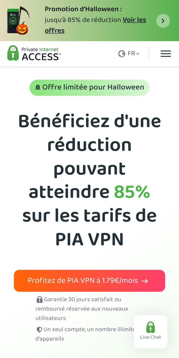 Page d'accueil de Private Internet Access sur mobile – testé : meilleur VPN pour la Belgique