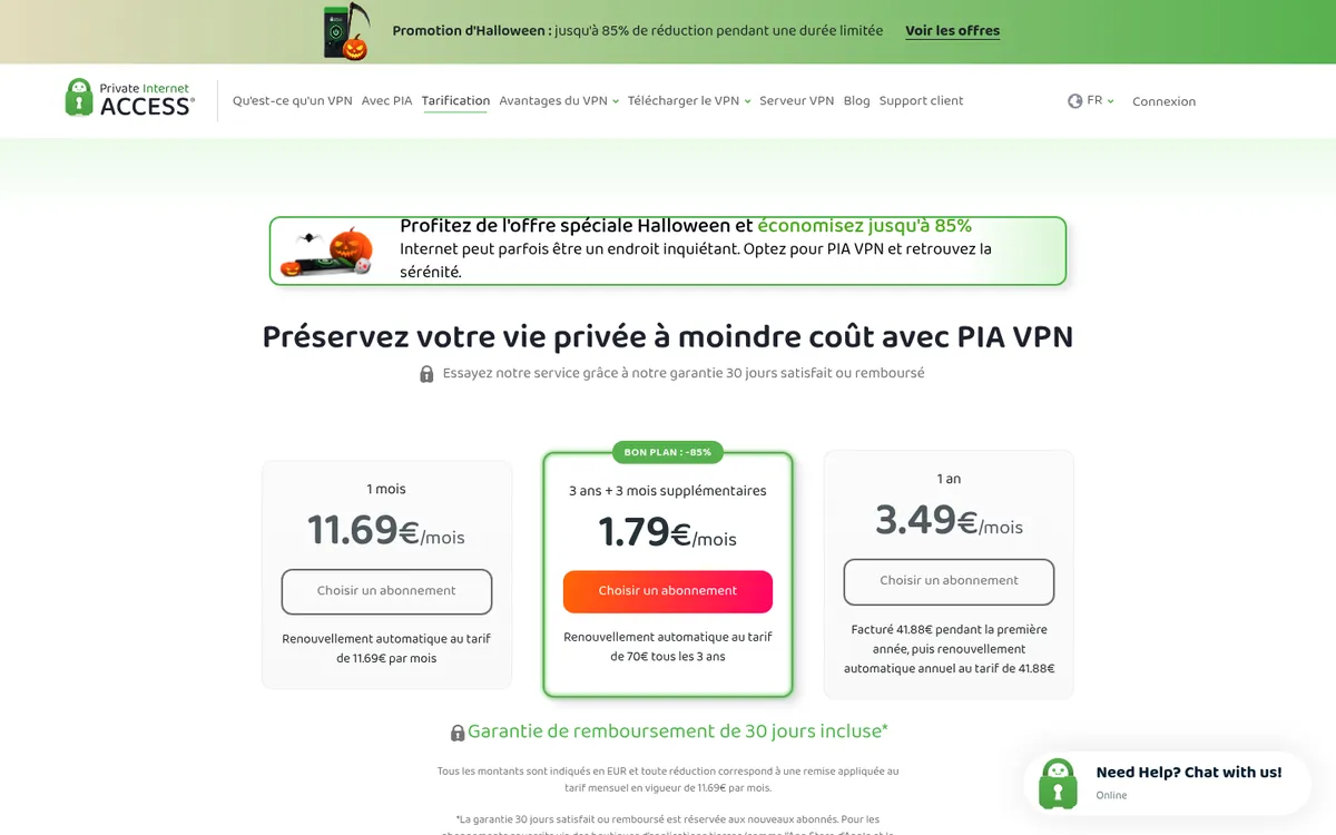 Page des tarifs de Private Internet Access – testé : meilleur VPN pour la Belgique