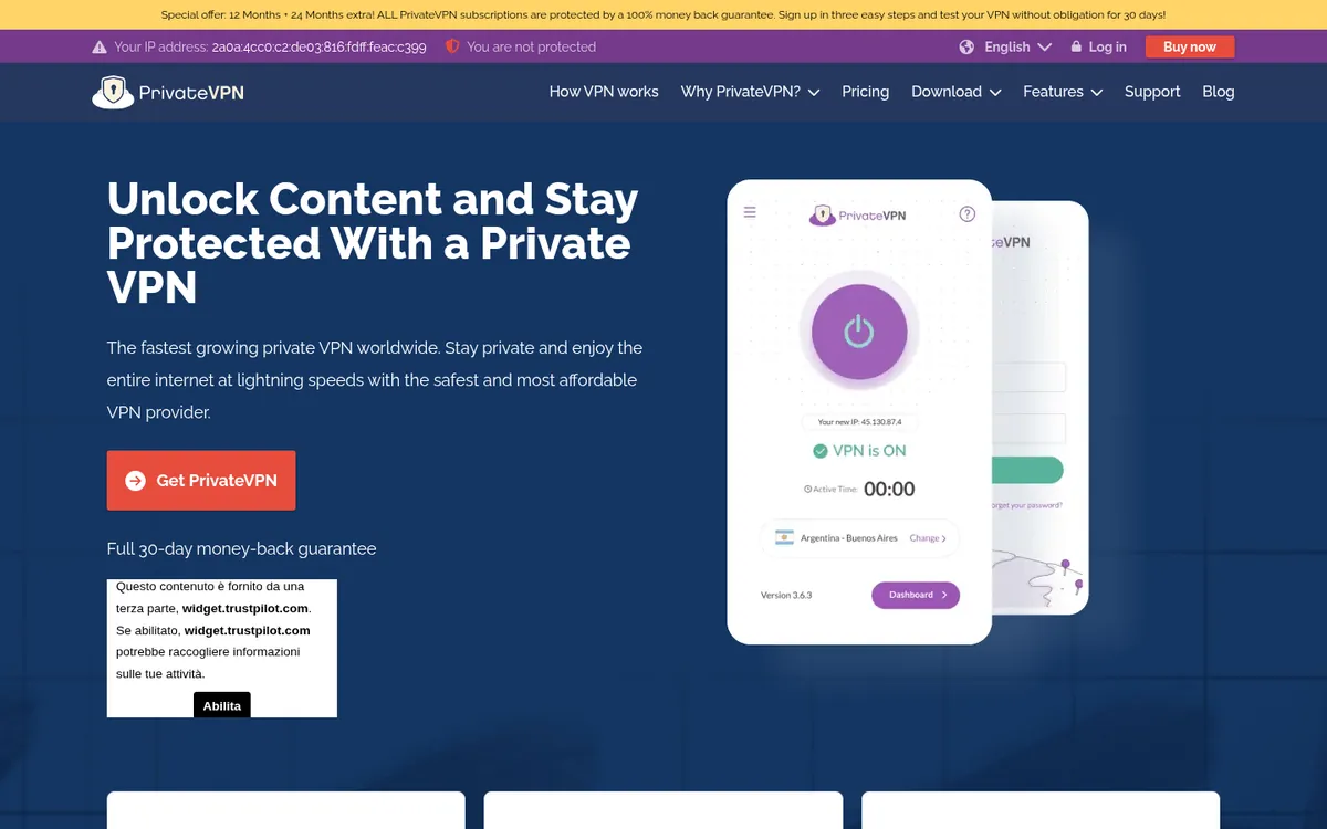 Page d'accueil de PrivateVPN sur ordinateur – testé : meilleur VPN pour la Belgique