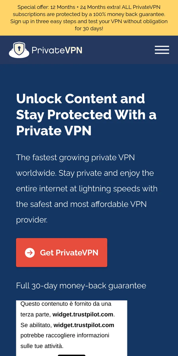 Page d'accueil de PrivateVPN sur mobile – testé : meilleur VPN pour la Belgique
