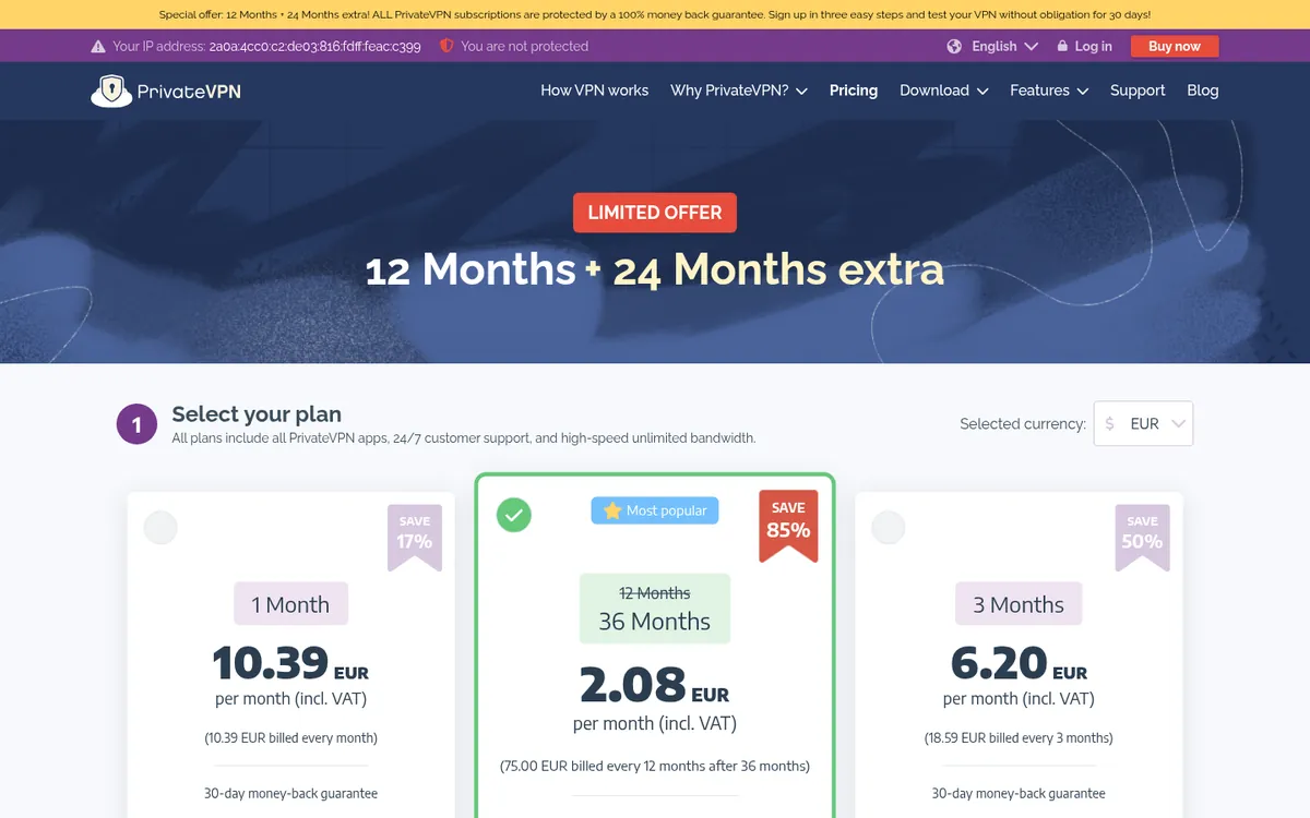 Page des tarifs de PrivateVPN – testé : meilleur VPN pour la Belgique
