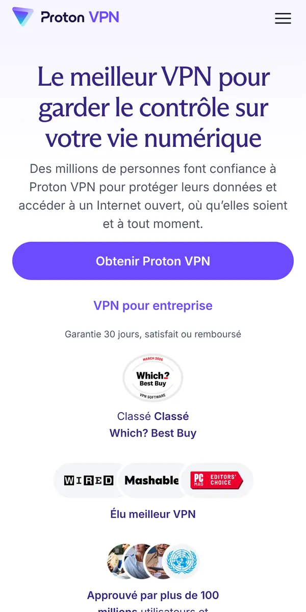 Page d'accueil de Proton VPN sur mobile – testé : meilleur VPN pour la Belgique