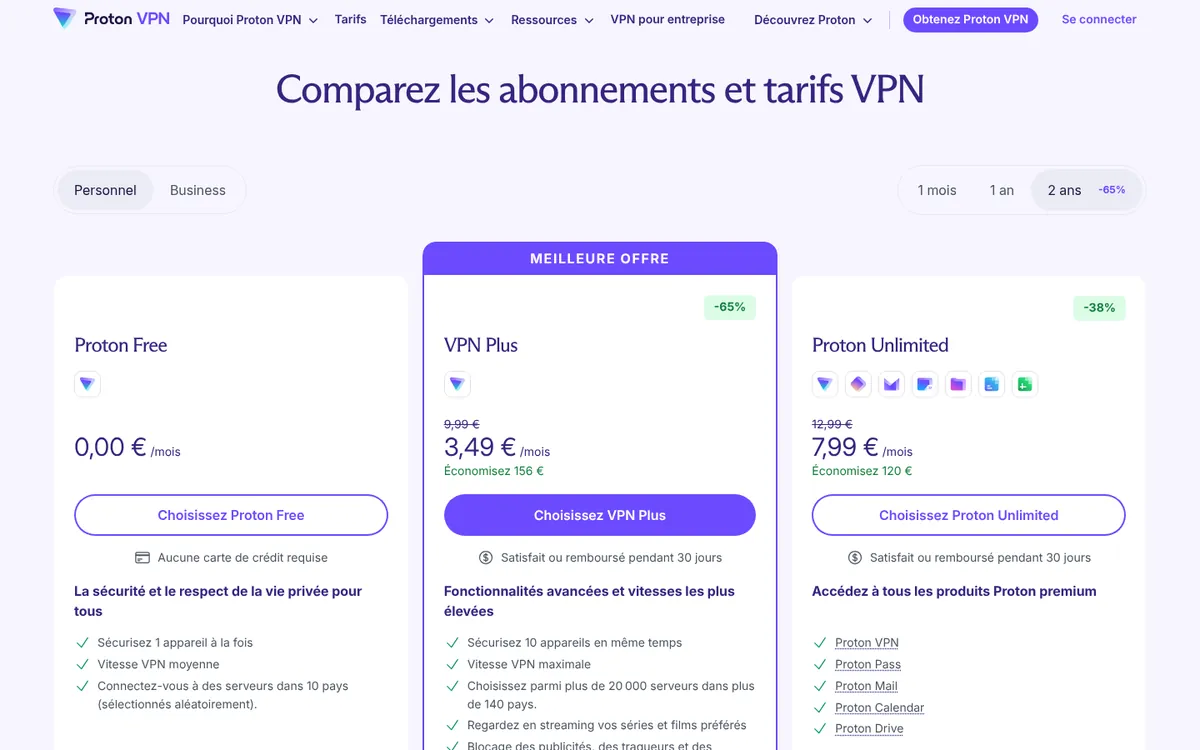 Page des tarifs de Proton VPN – testé : meilleur VPN pour la Belgique