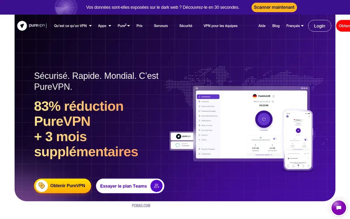 Page d'accueil de PureVPN sur ordinateur – testé : meilleur VPN pour la Belgique