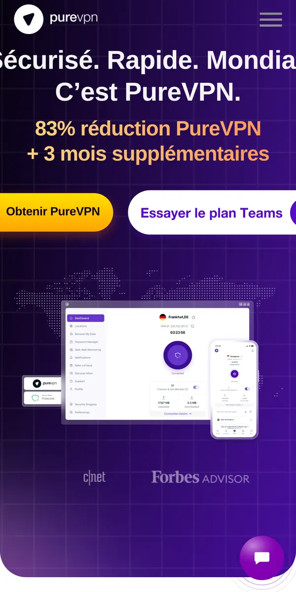 Page d'accueil de PureVPN sur mobile – testé : meilleur VPN pour la Belgique